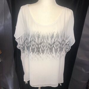 GUESS Y2K WOMENS FLOWY SHEER HIGH LOW BLOUSE SIZE MEDIUM BLACK AND WHITE